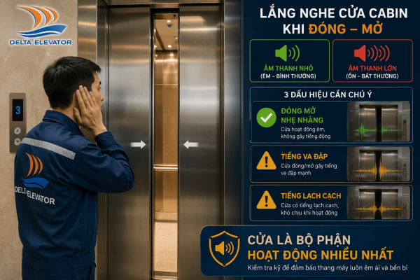 Nghe tiếng đóng mở cửa cabin thang máy trục vít để đánh giá độ êm khi vận hành
