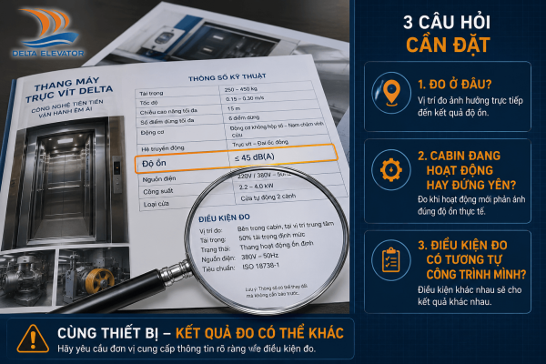 Hỏi rõ điều kiện đo độ ồn thang máy trục vít trong tài liệu kỹ thuật của nhà sản xuất