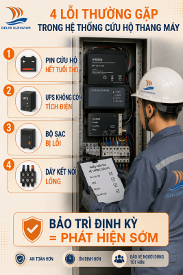 4 Lỗi thường gặp của pin và thiết bị cứu hộ thang máy trục vít cần bảo trì