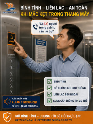 Người bên trong cabin thang máy trục vít giữ bình tĩnh và sử dụng thiết bị liên lạc khi mất điện