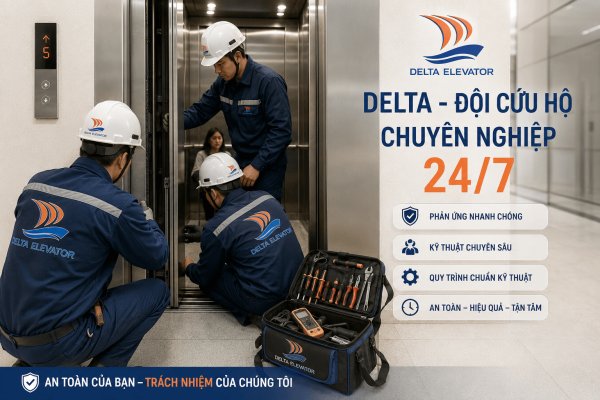 Đội kỹ thuật Delta thực hiện cứu hộ thang máy trục vít khi mất điện theo quy trình chuẩn