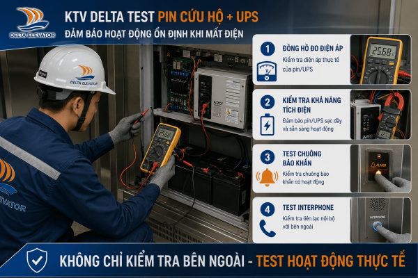 Kỹ thuật viên Delta kiểm tra pin cứu hộ và thiết bị liên lạc thang máy trục vít định kỳ