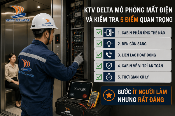 Yêu cầu thử mất điện trước khi nghiệm thu để kiểm tra khả năng xử lý của thang máy trục vít