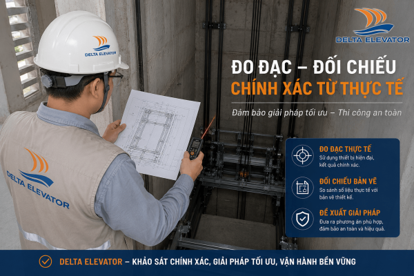 Kỹ thuật viên Delta đo đạc và đối chiếu bản vẽ khi hố thang xây sai kích thước