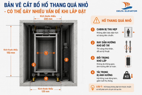 Hố thang quá nhỏ ảnh hưởng đến cabin và bộ phận kỹ thuật của thang máy