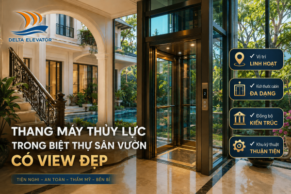 Thang máy thủy lực bố trí linh hoạt trong biệt thự sân vườn có không gian rộng