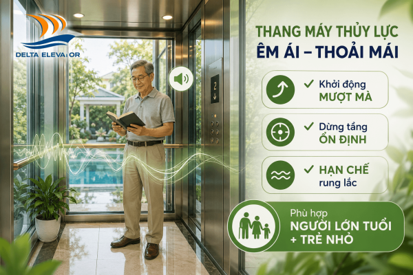Thang máy thủy lực vận hành êm và ổn định mang lại trải nghiệm dễ chịu cho gia đình biệt thự