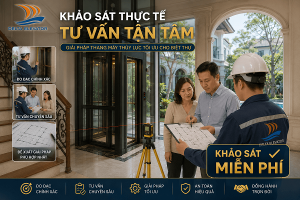 Kỹ thuật viên Delta khảo sát biệt thự sân vườn để tư vấn giải pháp thang máy phù hợp
