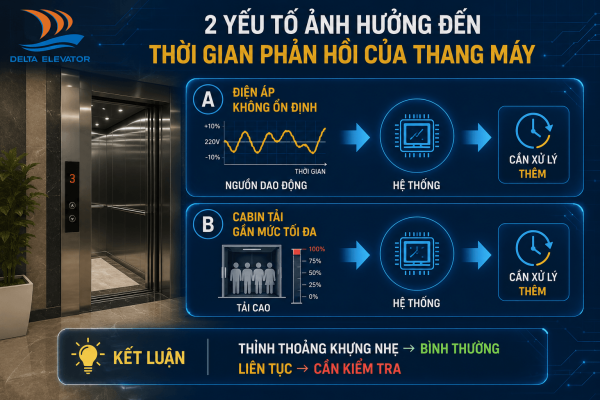 Điện áp nguồn và tải trọng ảnh hưởng đến thời gian phản hồi khi thang máy khởi động