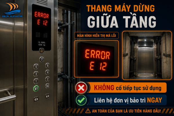 Mã lỗi hiển thị hoặc cabin dừng giữa tầng cần liên hệ đơn vị bảo trì ngay lập tức