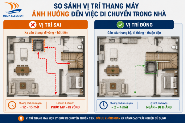 Vị trí thang máy hợp lý giúp việc di chuyển trong nhà thuận tiện hơn