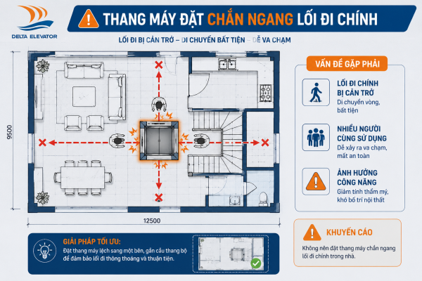 Thang máy đặt chắn lối đi chính gây bất tiện trong sinh hoạt hằng ngày