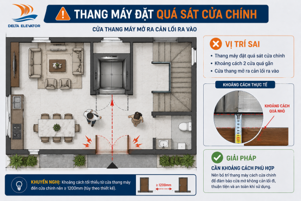 Thang máy đặt quá sát cửa chính làm cản trở lối ra vào ngôi nhà