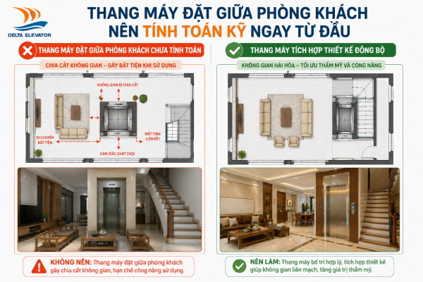 Đặt thang máy giữa phòng khách cần được tính toán để không chia cắt không gian