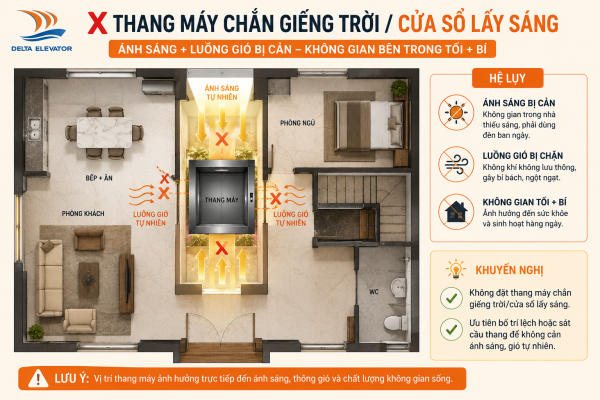 Thang máy chắn ánh sáng tự nhiên làm ngôi nhà tối và bí hơn