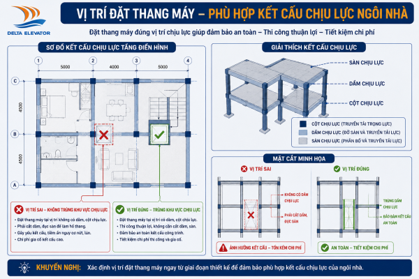 Vị trí đặt thang máy cần phù hợp với kết cấu chịu lực của ngôi nhà