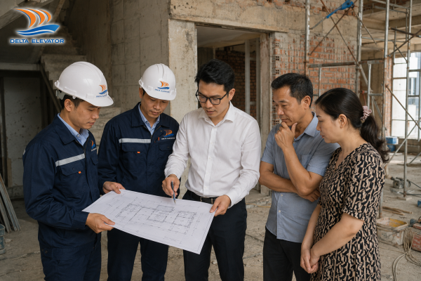 Khảo sát công trình thực tế trước khi quyết định vị trí lắp thang máy