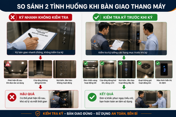 Không nên ký bàn giao thang máy khi chưa kiểm tra đầy đủ các hạng mục