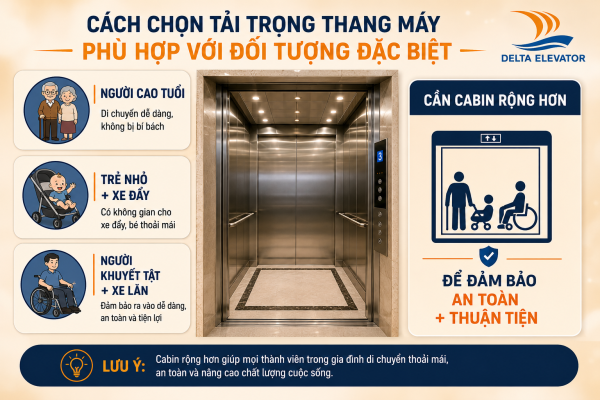 Cabin thang máy đủ rộng cho người cao tuổi, trẻ nhỏ và xe lăn