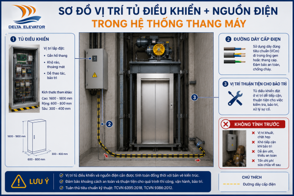 Vị trí cấp điện và tủ điều khiển thang máy cần được chuẩn bị từ giai đoạn thiết kế