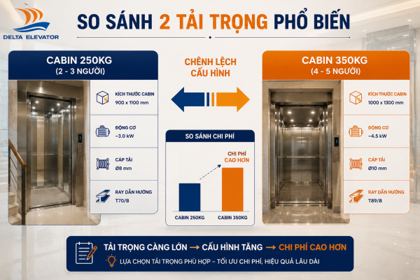 Sự khác biệt giữa thang máy tải trọng 250kg và 350kg về cấu hình thiết bị