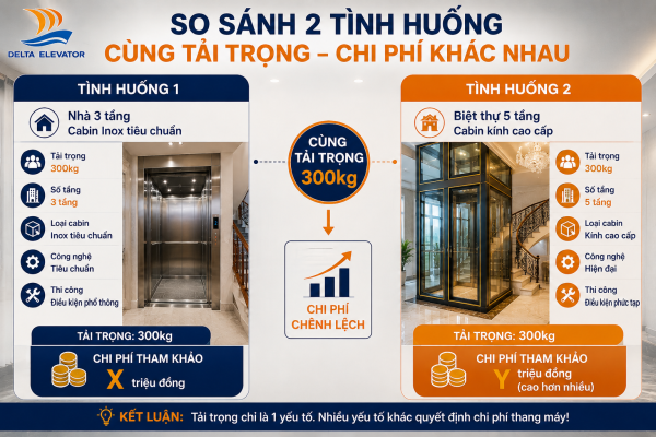 Cùng tải trọng nhưng chi phí thang máy khác nhau do số tầng và vật liệu cabin