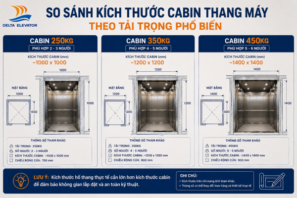 Kích thước cabin thang máy tăng theo tải trọng thiết kế