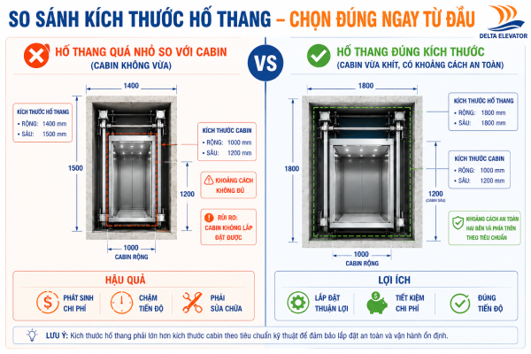 Kích thước hố thang cần phù hợp với loại thang máy được lựa chọn