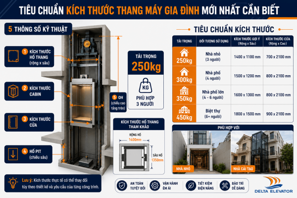 Tiêu chuẩn kích thước thang máy gia đình mới nhất theo 4 tải trọng phổ biến