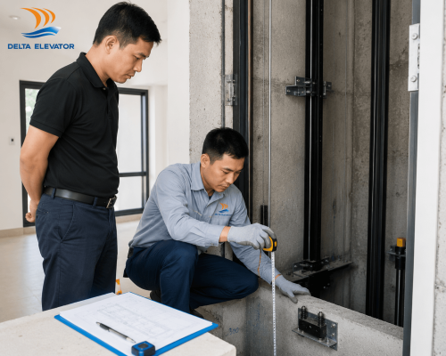 Kỹ thuật viên Delta khảo sát công trình để xác định kích thước thang máy phù hợp