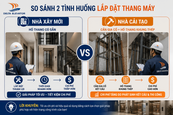 Điều kiện lắp đặt nhà xây mới và nhà cải tạo ảnh hưởng đến chi phí thang máy
