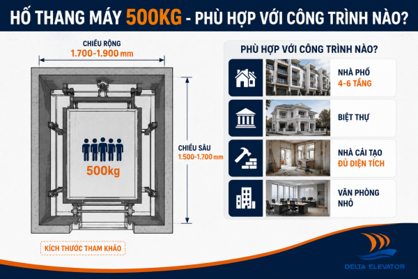 Hố thang máy 500kg phù hợp với công trình nào và có kích thước bao nhiêu?