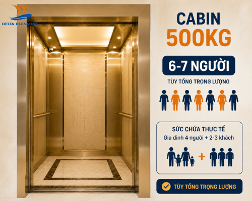 Thang máy 500kg chở được 6-7 người trong mỗi lần di chuyển