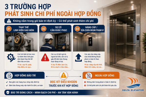 Ba trường hợp phát sinh chi phí ngoài hợp đồng bảo trì thang máy