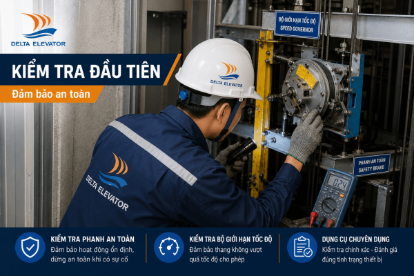 Kỹ thuật viên Delta kiểm tra hệ thống an toàn thang máy khi bảo trì