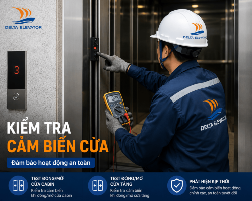 Kỹ thuật viên kiểm tra cửa tầng và cửa cabin thang máy khi bảo trì