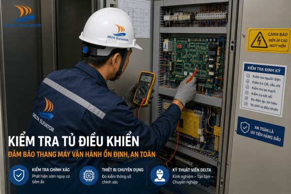 Kỹ thuật viên Delta kiểm tra tủ điều khiển và hệ thống điện thang máy