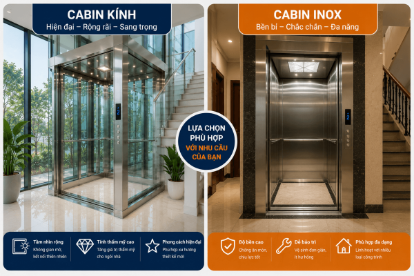 So sánh tính thẩm mỹ giữa cabin kính và cabin inox thang máy