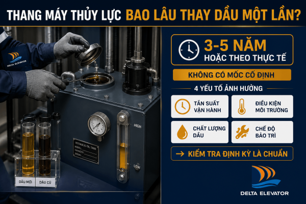 Thời điểm thay dầu thang máy thủy lực phụ thuộc vào tần suất vận hành và chất lượng dầu thực tế