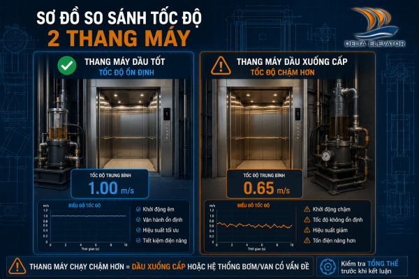 Thang máy thủy lực chạy chậm hơn bình thường có thể liên quan đến dầu thủy lực xuống cấp