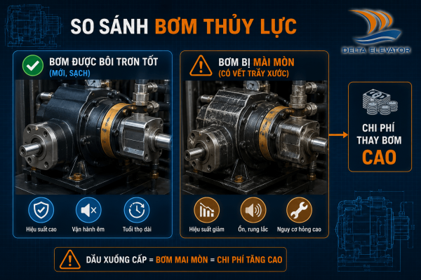 Bơm thủy lực thang máy bị mài mòn khi dầu xuống cấp không được thay đúng lúc