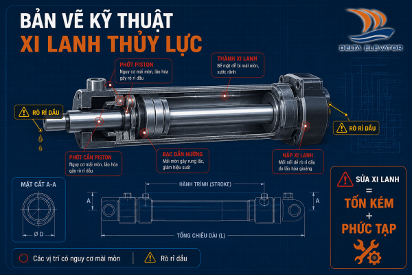 Xi lanh thang máy thủy lực có nguy cơ mài mòn và rò rỉ khi dầu xuống cấp