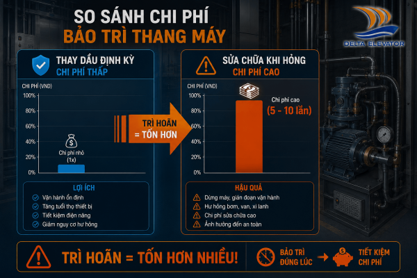 Chi phí sửa chữa thang máy thủy lực khi không bảo trì dầu định kỳ có thể cao gấp nhiều lần