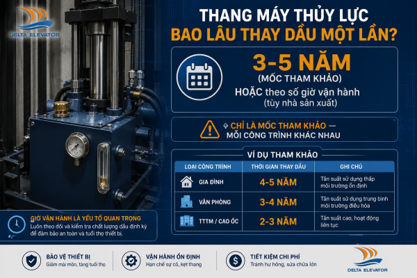 Chu kỳ thay dầu thang máy thủy lực theo khuyến cáo của nhà sản xuất từ 3- 5 năm