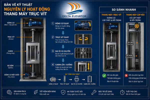 Nguyên lý hoạt động của thang máy trục vít gồm động cơ, trục vít và đai ốc truyền động