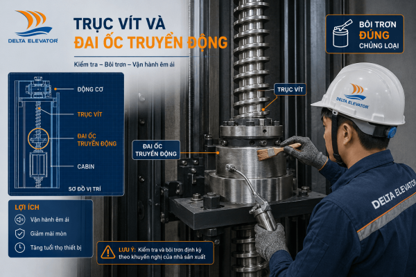 Kiểm tra hệ thống trục vít và đai ốc truyền động thang máy khi bảo trì