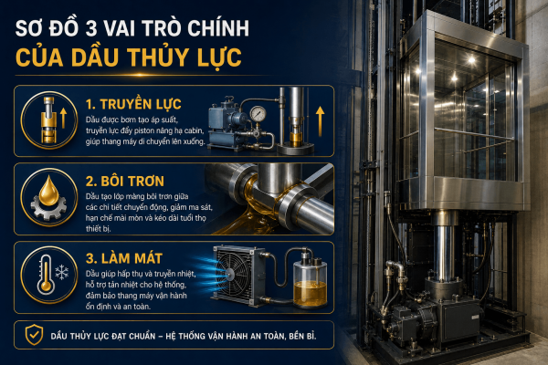 3 Vai trò chính của dầu thủy lực trong thang máy gồm truyền lực bôi trơn và làm mát