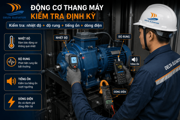 Đo kiểm tra động cơ và hộp truyền động thang máy trục vít bằng thiết bị chuyên dụng