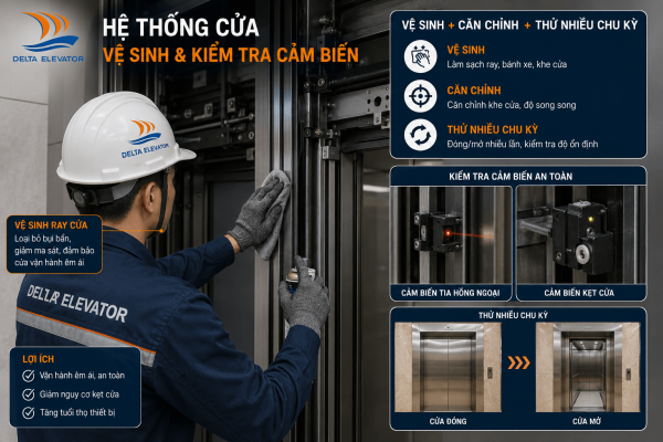 Bảo trì hệ thống cửa cabin và cửa tầng thang máy đảm bảo hoạt động ổn định