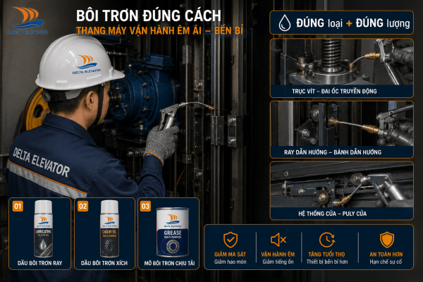 Bôi trơn các bộ phận truyền động thang máy trục vít bằng dầu mỡ chuyên dụng